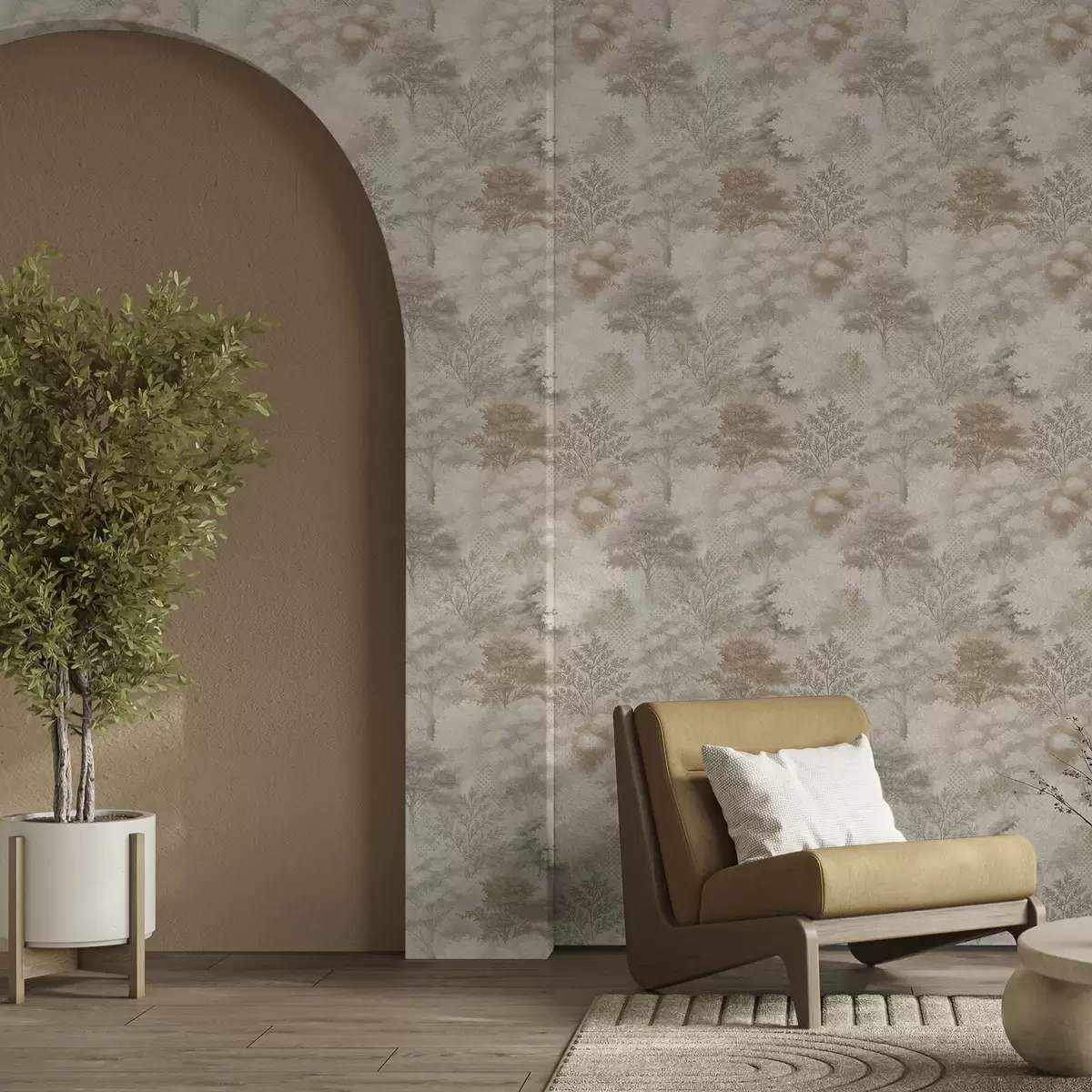 Bakgrunn Mild skog i tåke, myke beige-grå toner a00785