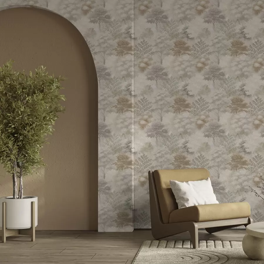 fototapeter Mild skog i tåke, myke beige-grå toner a00785