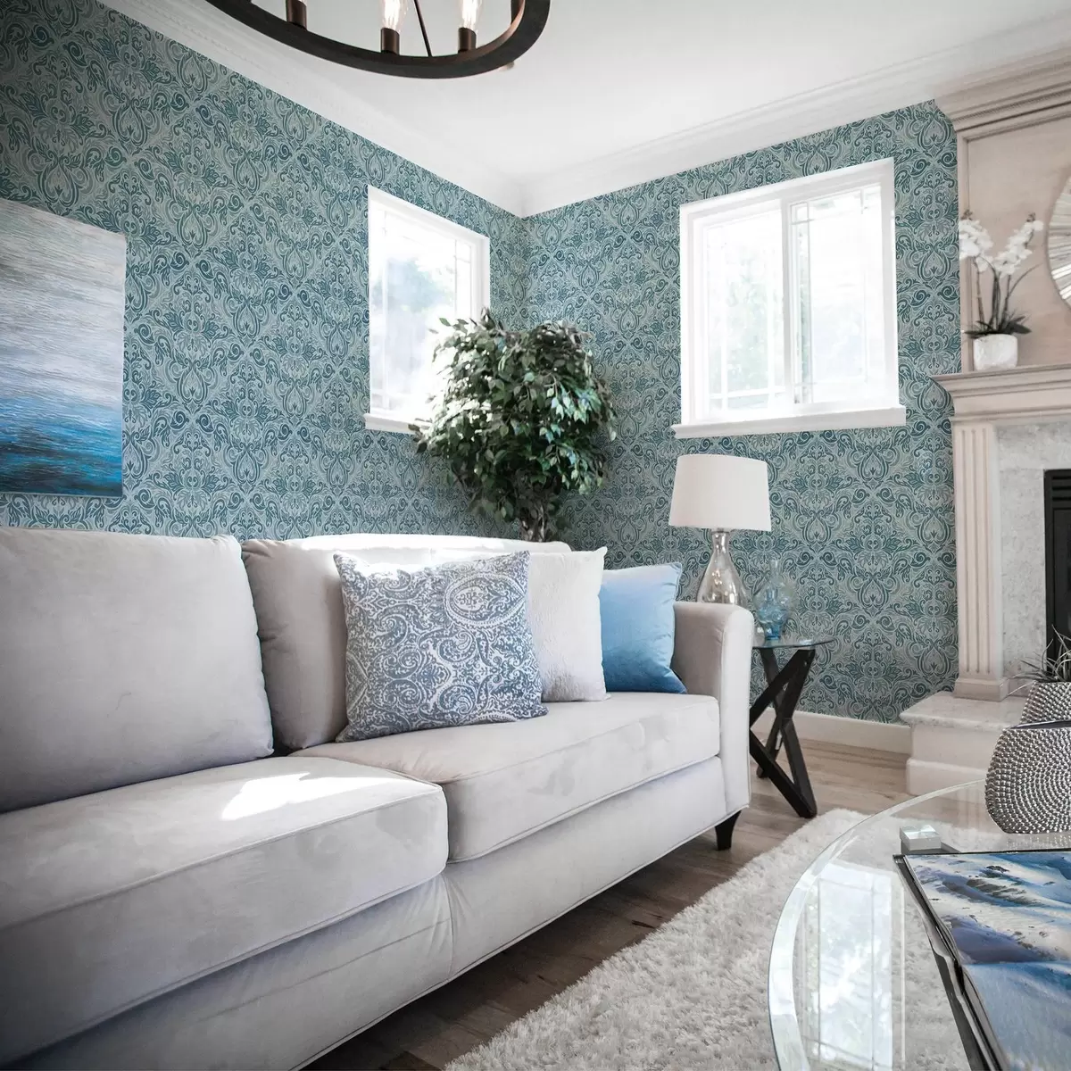 Bakgrunn Klassisk damask, dypblå på lyseblå a00826