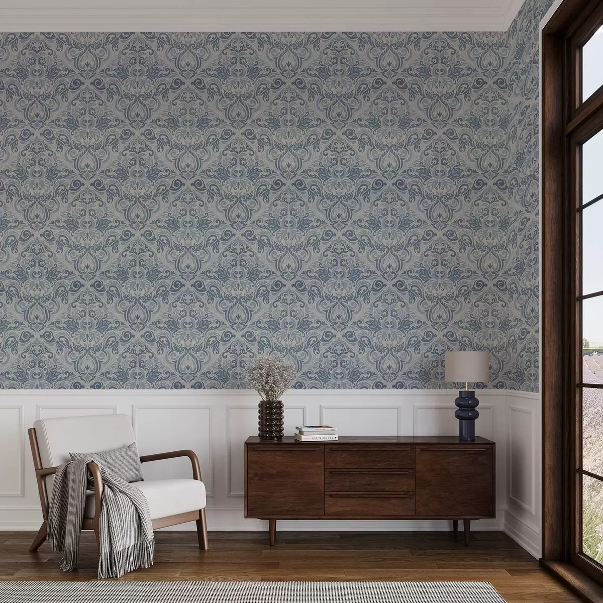 Bakgrunn Klassisk damask, blå motiver på kremfarget bakgrunn a00826v1