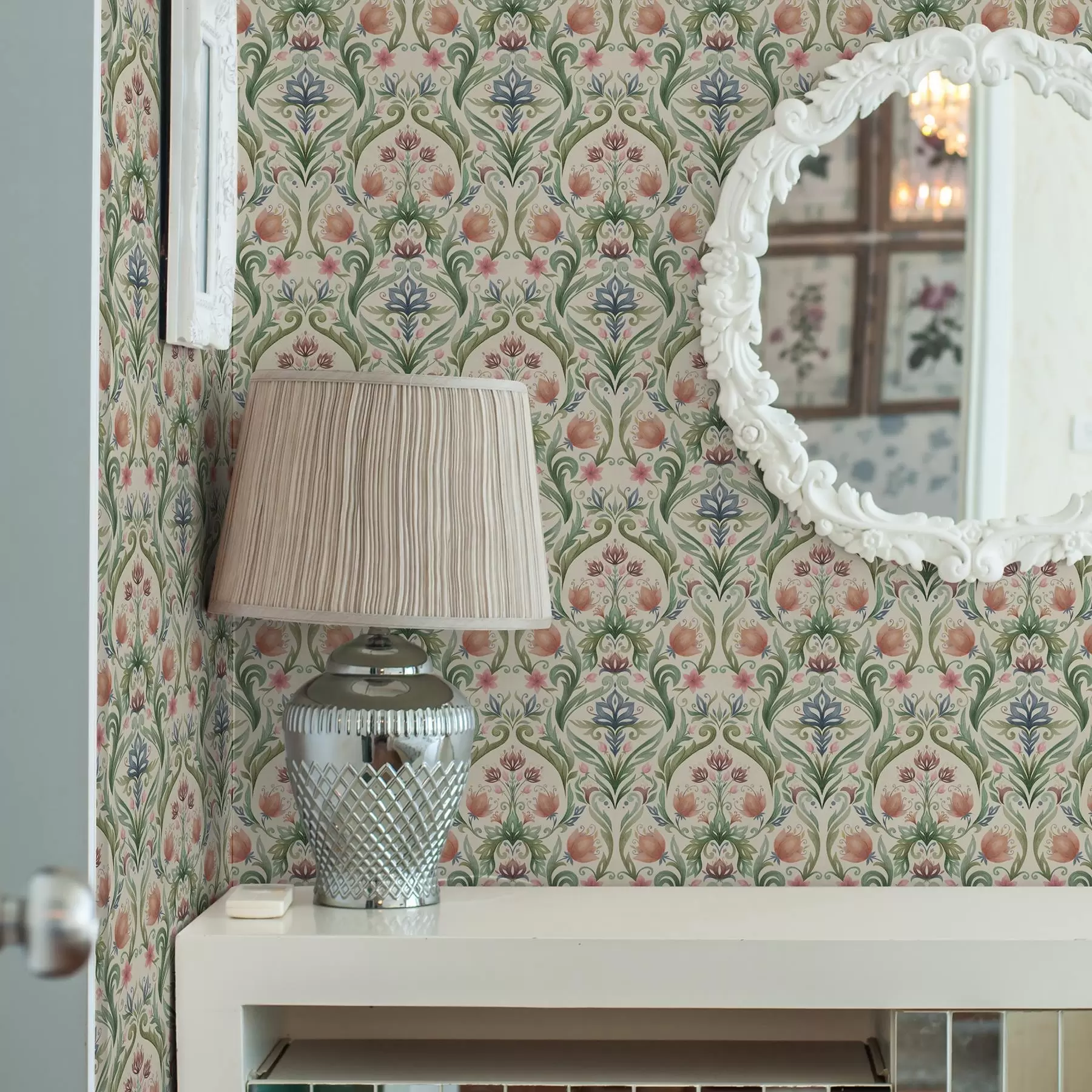 fototapeter Symmetrisk blomsterornament, terrakotta og grønn a00827