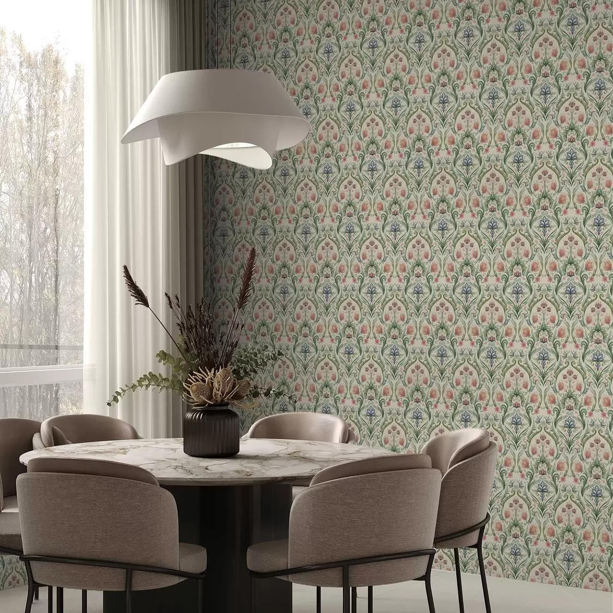 Bakgrunn Symmetrisk blomsterornament, terrakotta og grønn a00827