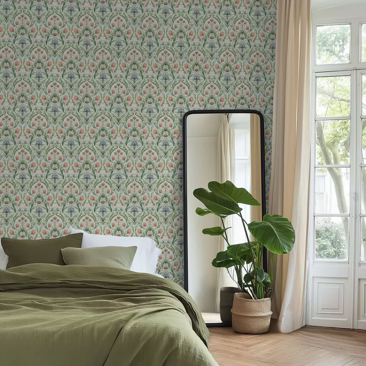 Bakgrunn Symmetrisk blomsterornament, mint-kremfarget palett a00827v1