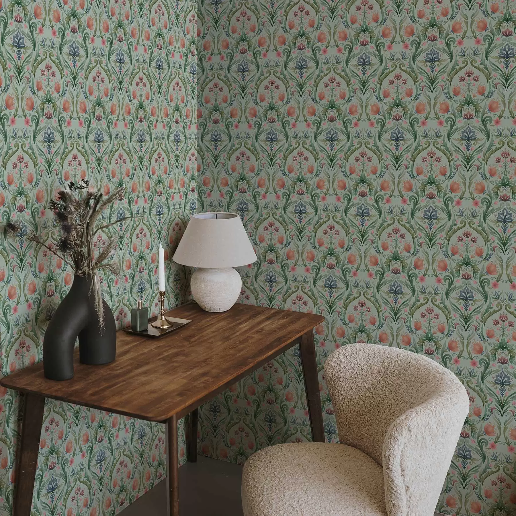 fototapeter Symmetrisk blomsterornament, mint-kremfarget palett a00827v1