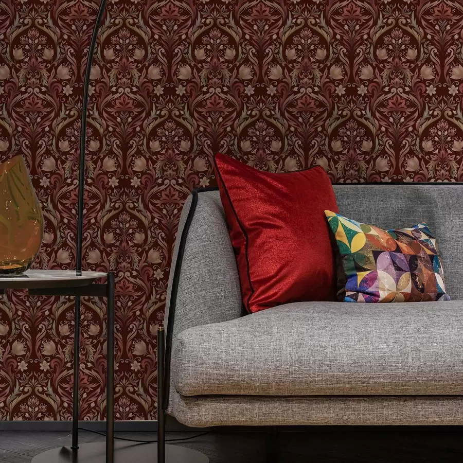 fototapeter Tulipanornament, rik burgunderfarget bakgrunn a00827v2