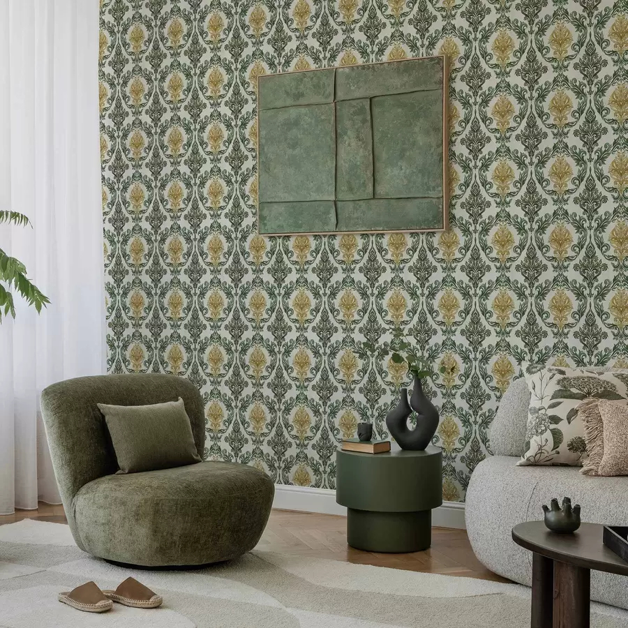 fototapeter Damask med grønne krøller på lys bakgrunn a00828v1