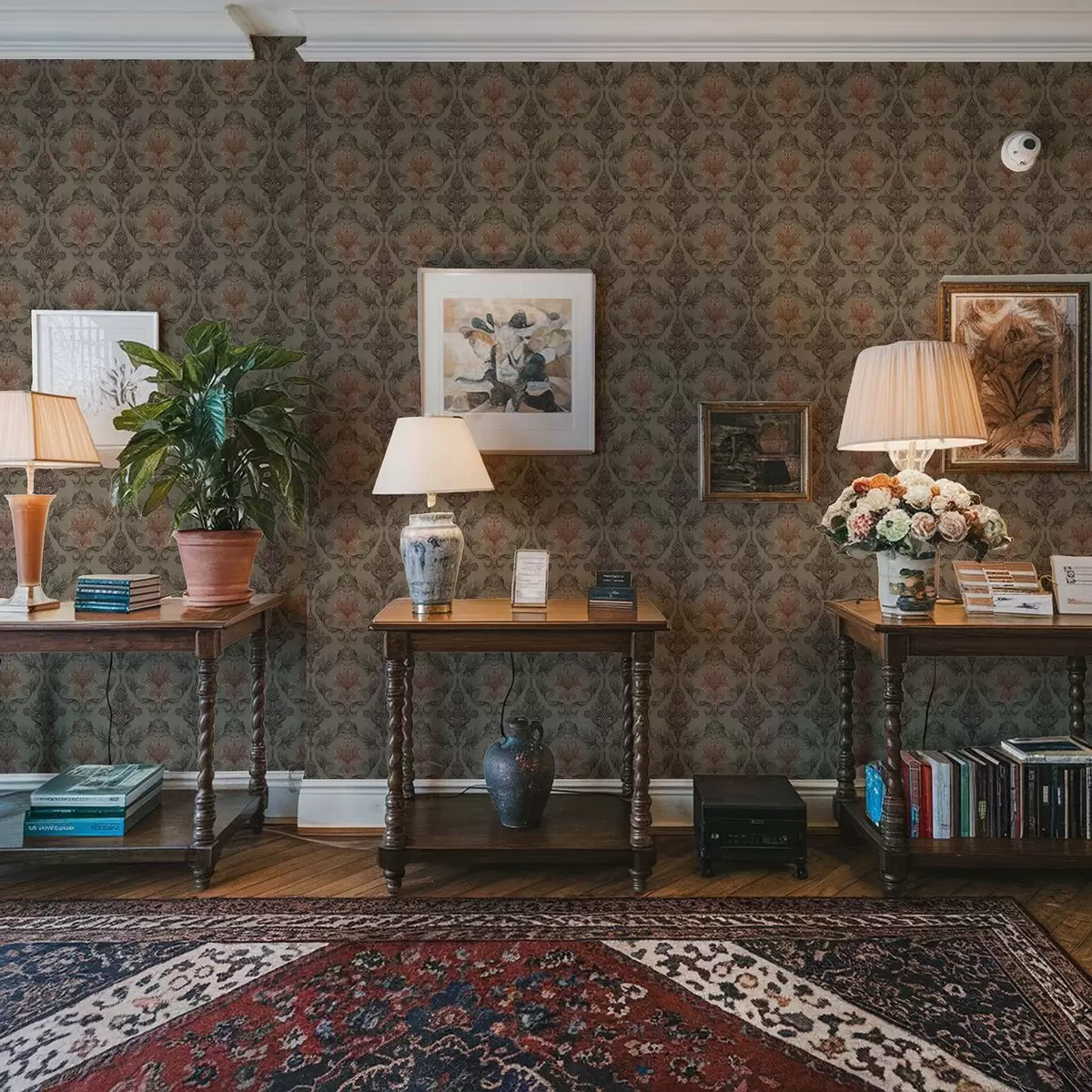 Bakgrunn Terrakotta-damask på dempet olivengrønn bakgrunn a00828v3