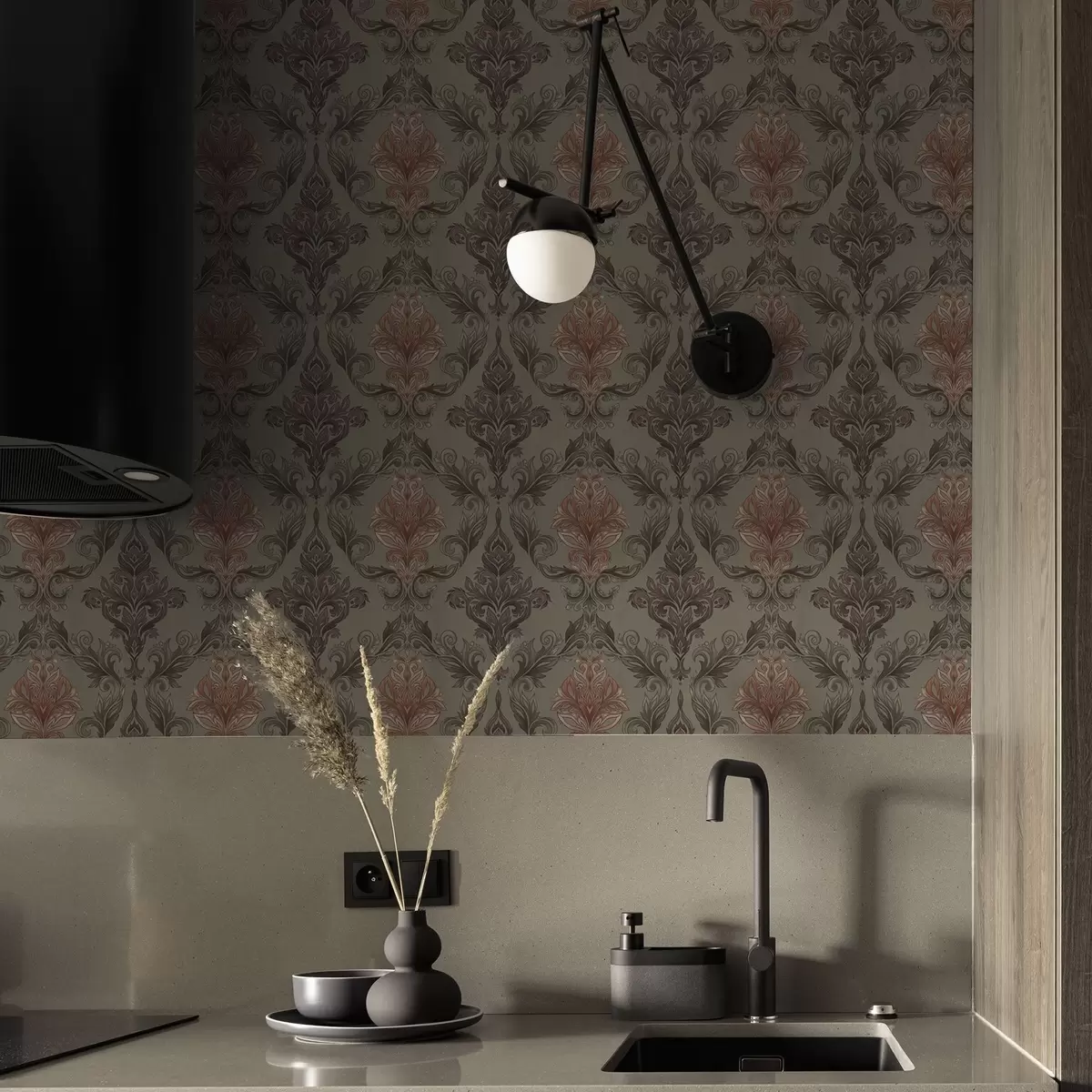 Bakgrunn Terrakotta-damask på dempet olivengrønn bakgrunn a00828v3