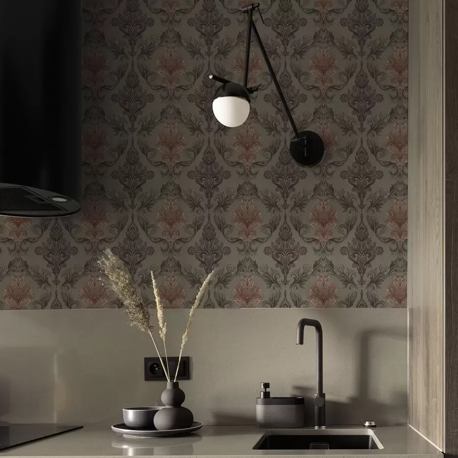 fototapeter Terrakotta-damask på dempet olivengrønn bakgrunn a00828v3