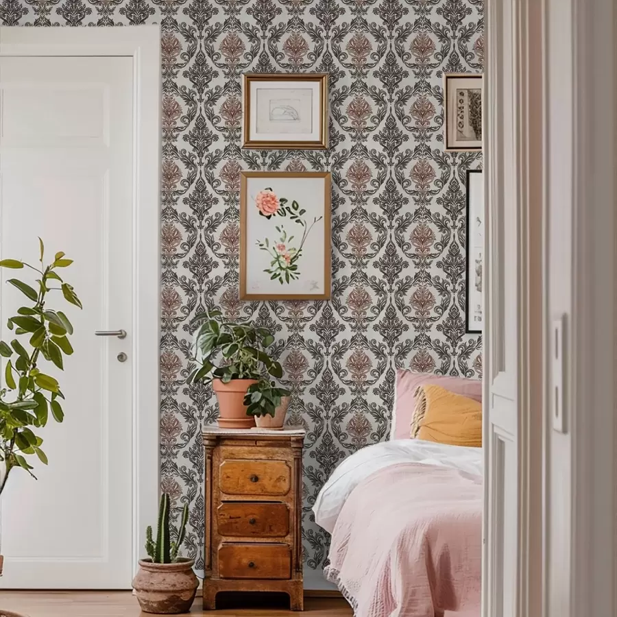 fototapeter Damask med kobberbrune detaljer på lys bakgrunn a00828v4