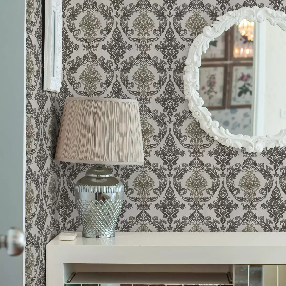 Bakgrunn Damask på lys bakgrunn, olivenbrune detaljer a00828v6