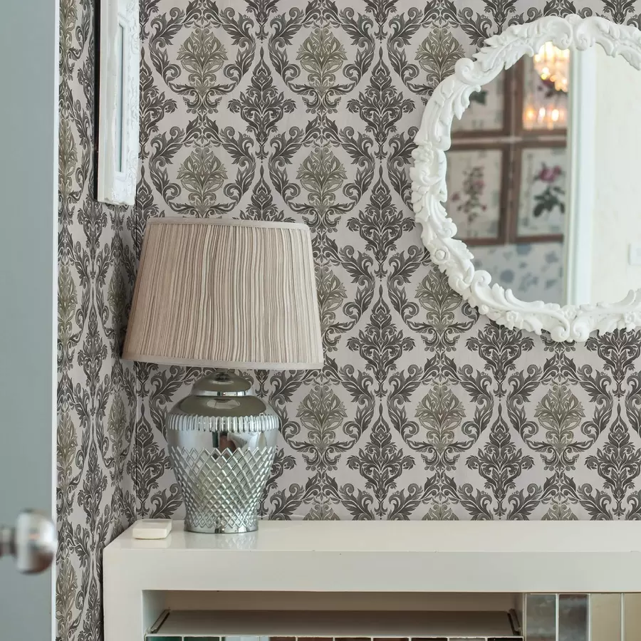 fototapeter Damask på lys bakgrunn, olivenbrune detaljer a00828v6