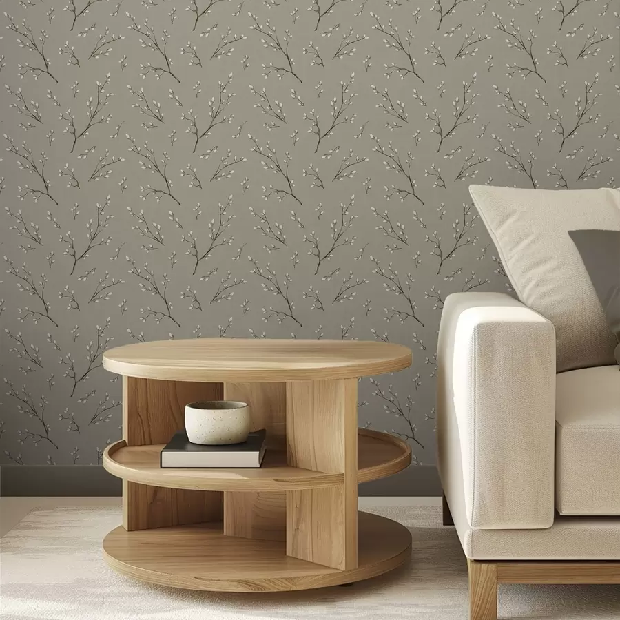 fototapeter Kvister med hvite knopper på linnetaupe bakgrunn a00861