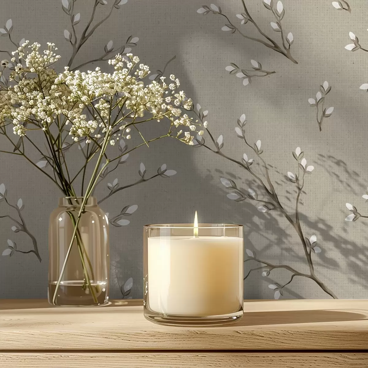 Bakgrunn Kvister med hvite knopper på linnetaupe bakgrunn a00861