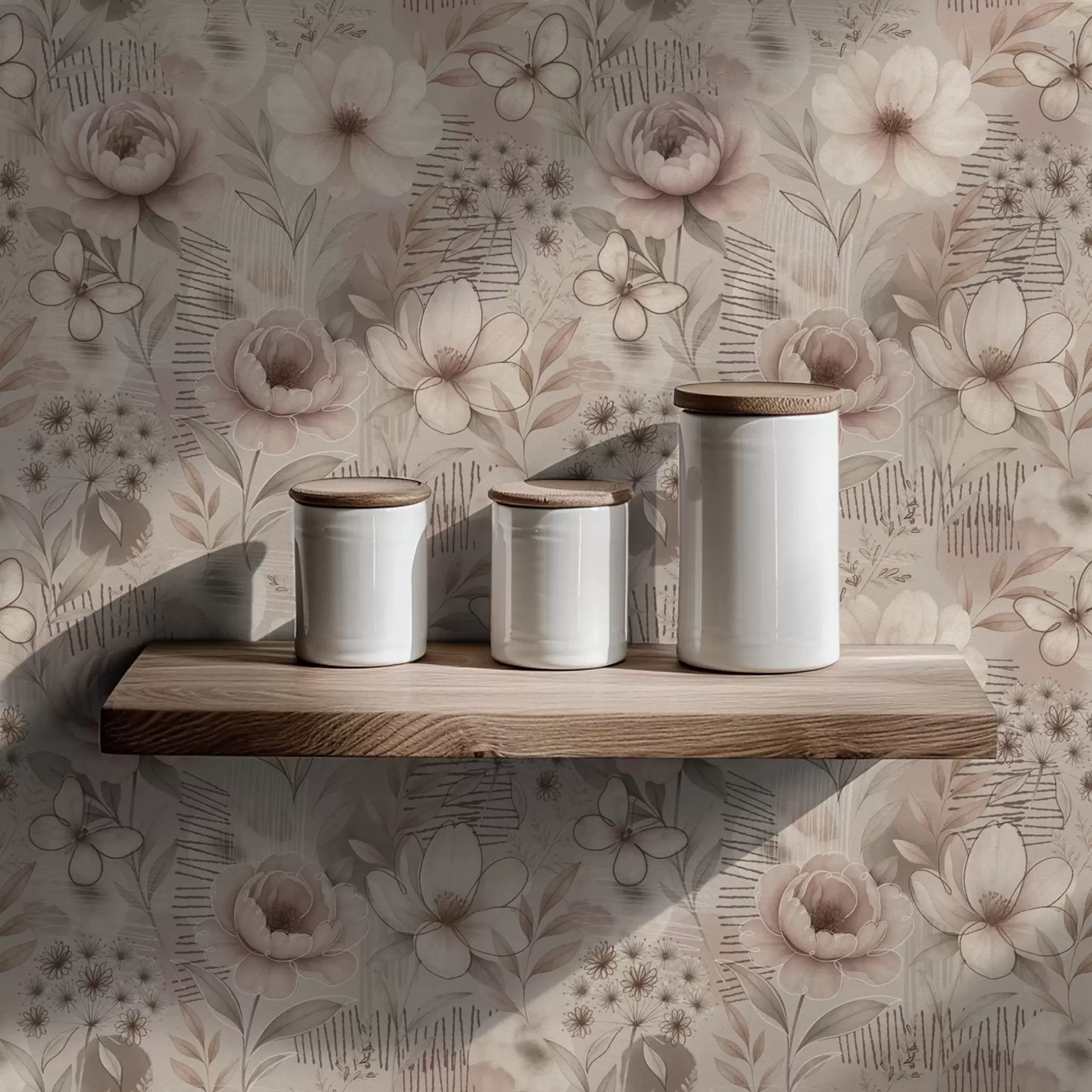fototapeter Sepia beige blomster med sommerfugl og lineære detaljer a00870