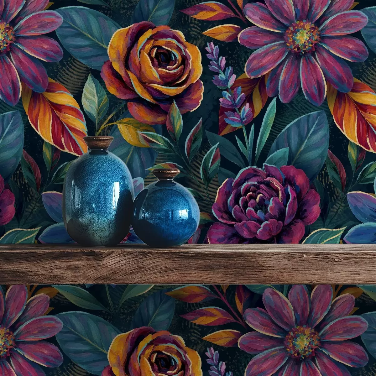 Bakgrunn Levende blomstermønster i juvelfarger på mørk marineblå bakgrunn a00871