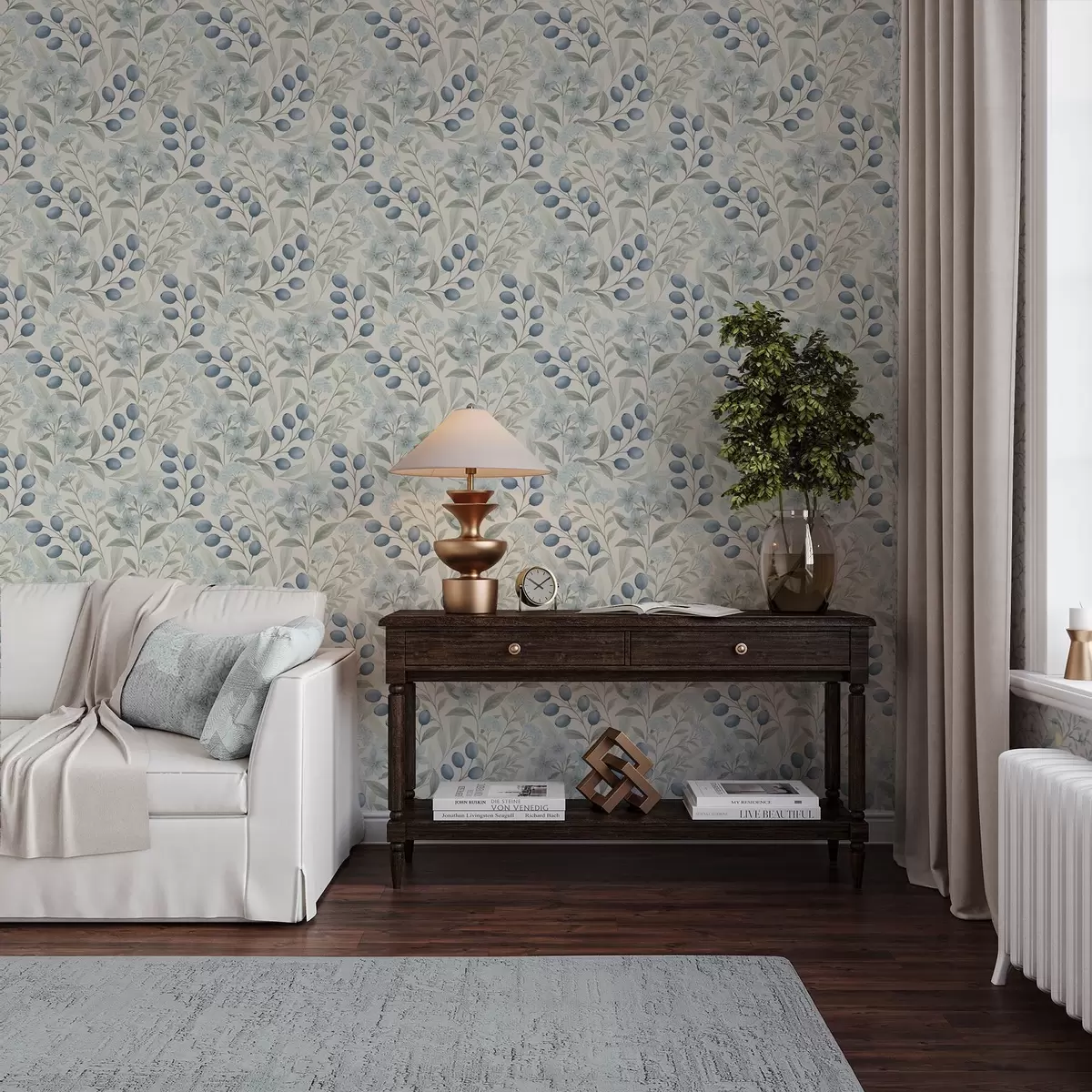 Bakgrunn Blå bær og lyse blomster på elfenben a00872