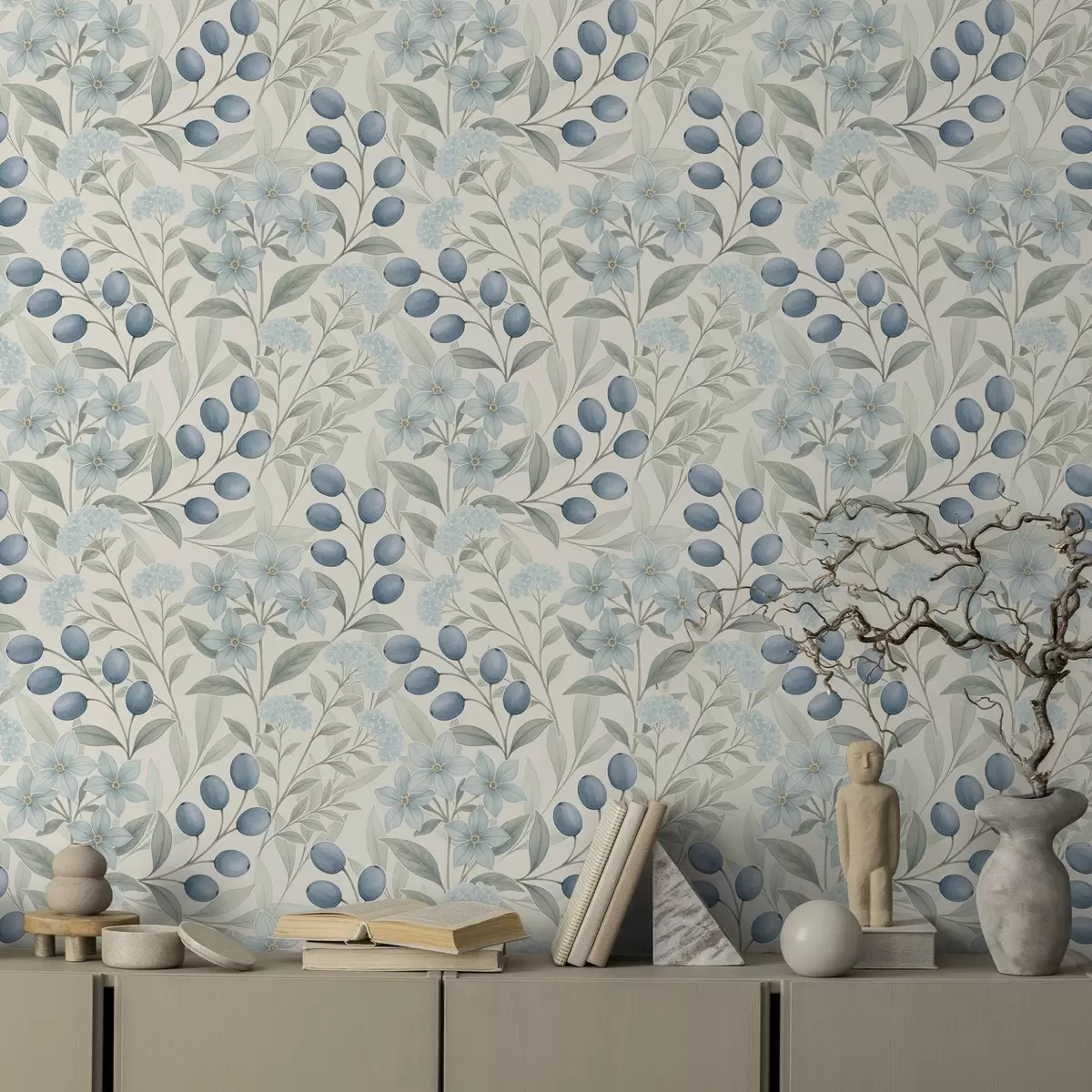 Bakgrunn Blå bær og lyse blomster på elfenben a00872