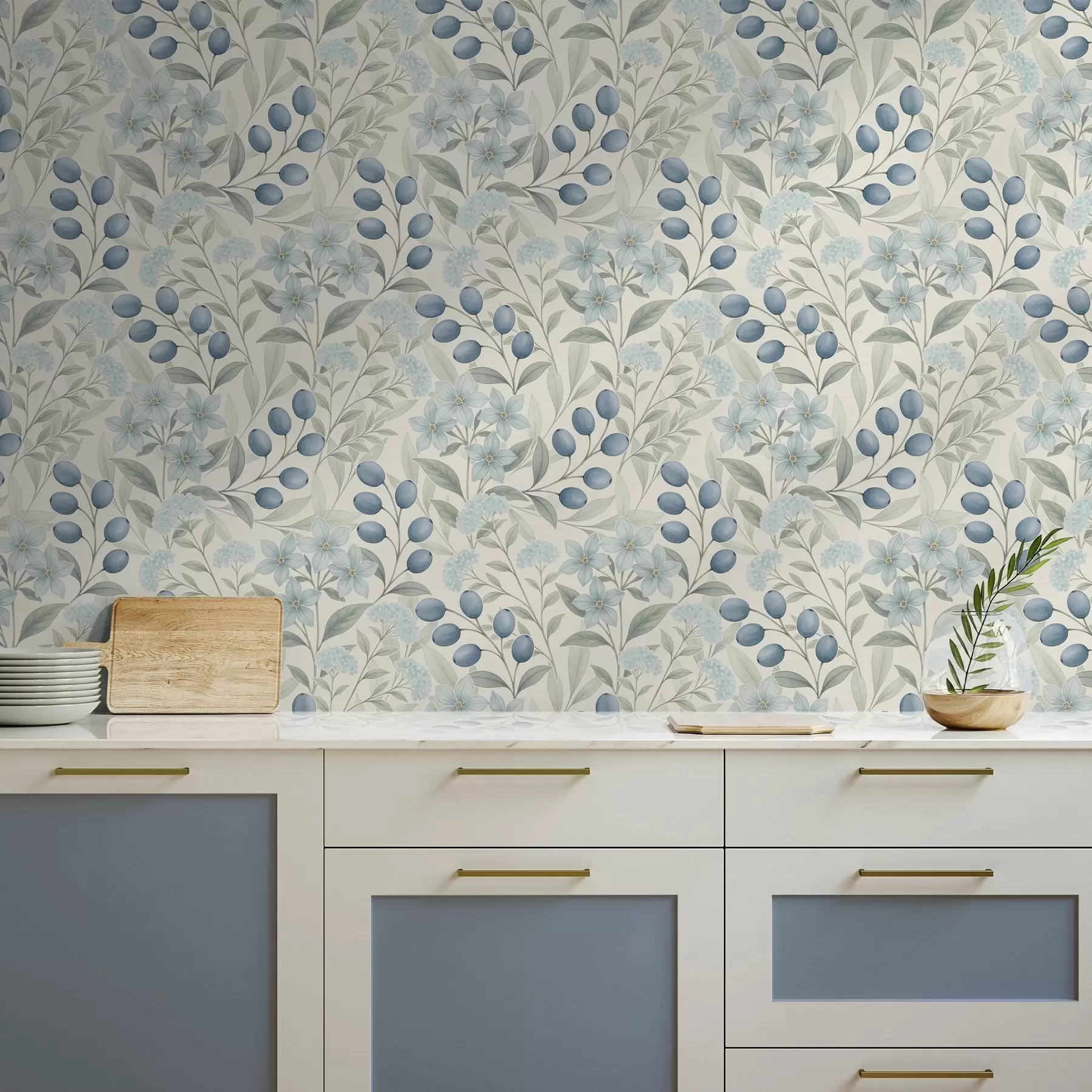 fototapeter Blå bær og lyse blomster på elfenben a00872