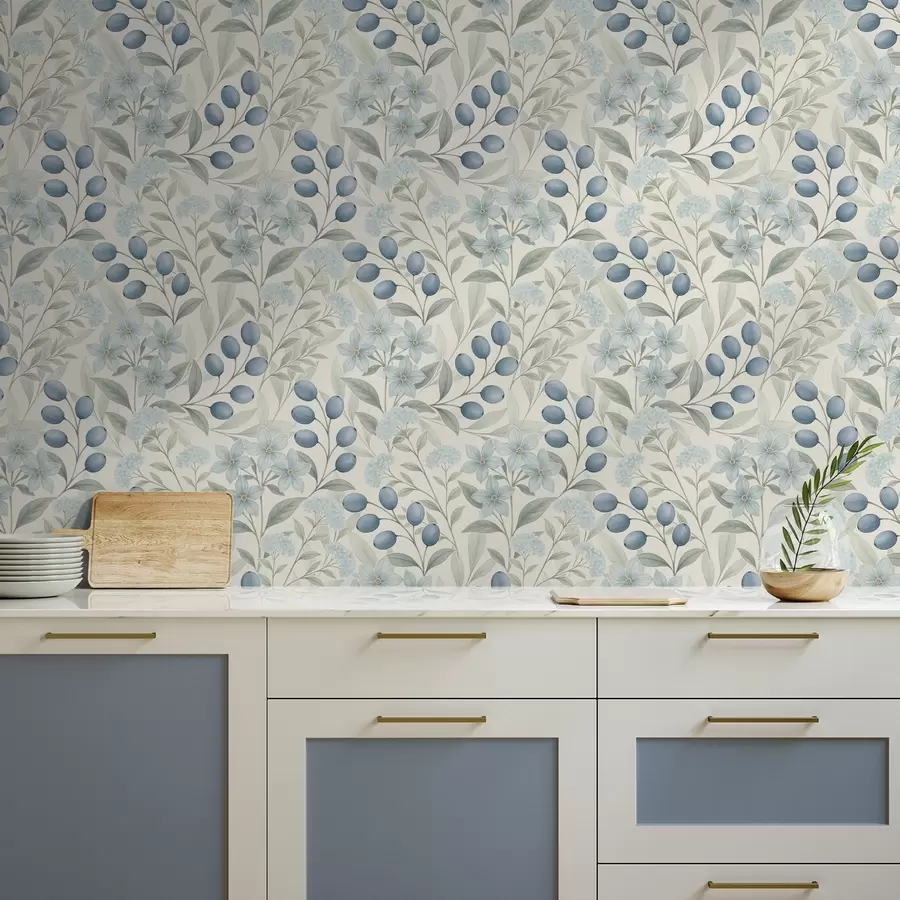 fototapeter Blå bær og lyse blomster på elfenben a00872