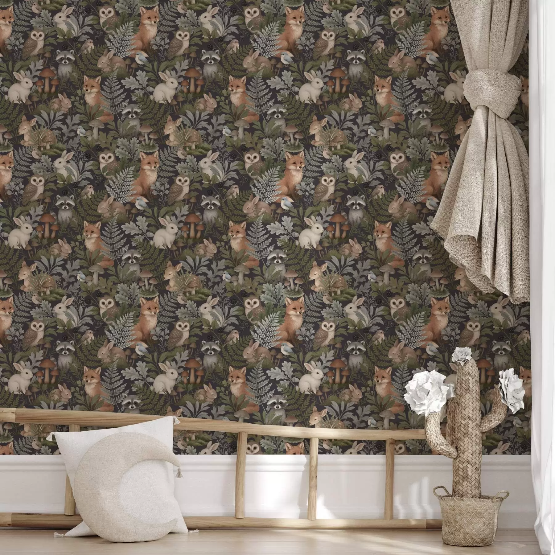 fototapeter Skogsdyr og bregner på mørk kull a00880