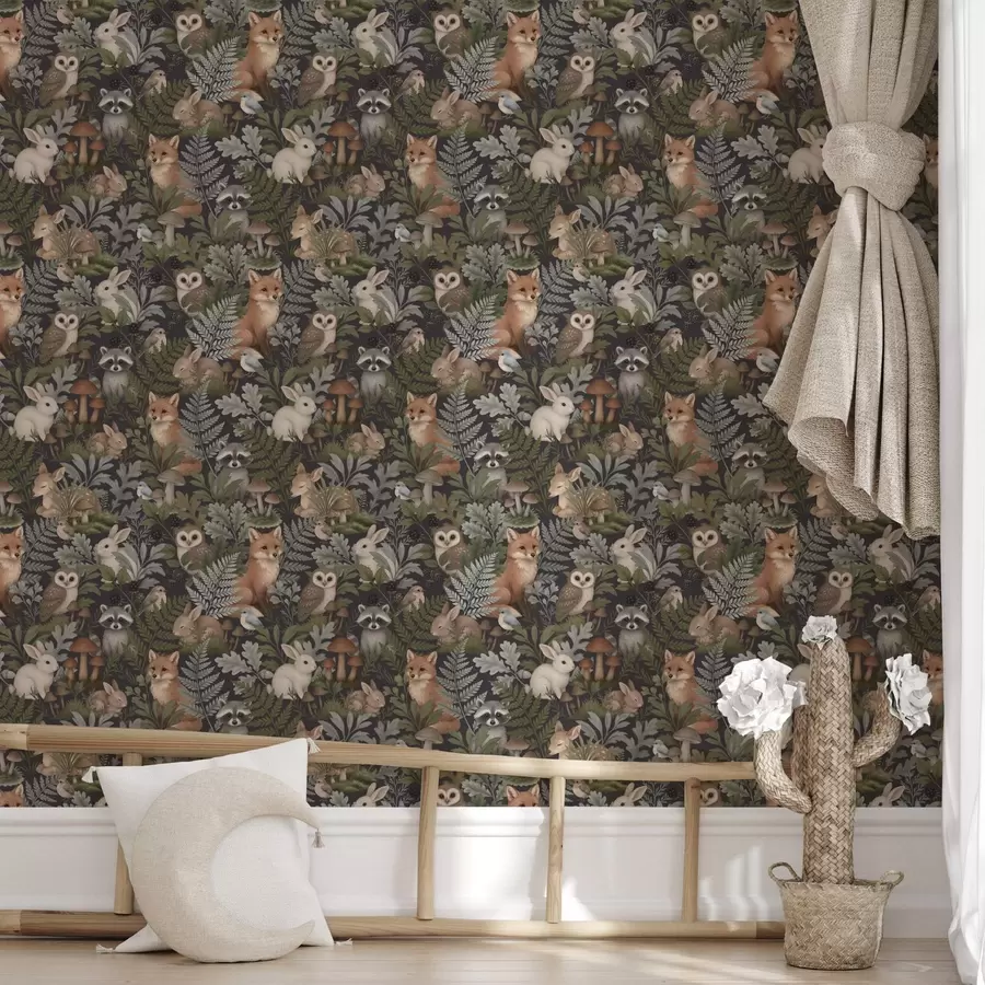 fototapeter Skogsdyr og bregner på mørk kull a00880