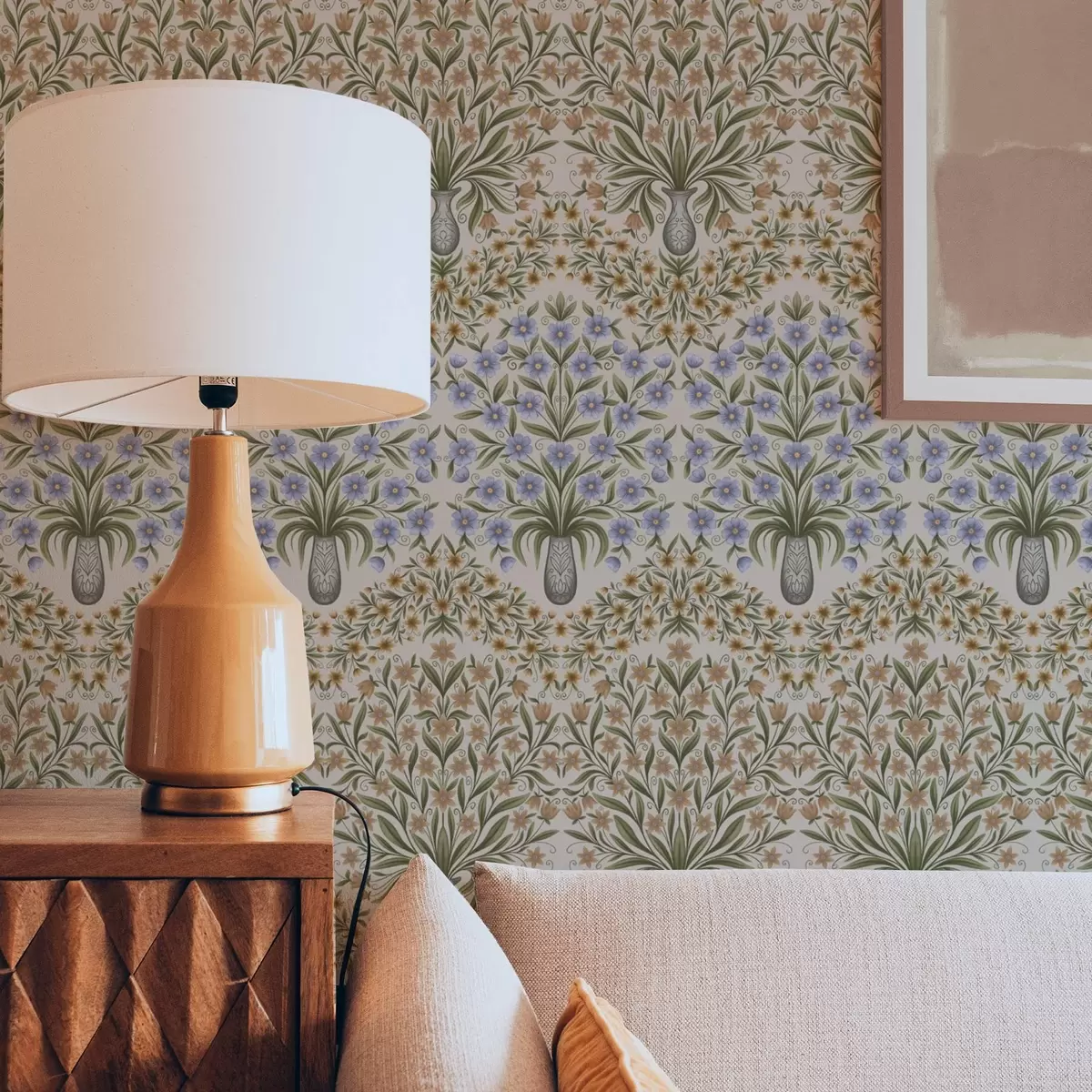 Bakgrunn Folkvaser med blå blomster og olivenblader på rosa bakgrunn a00900