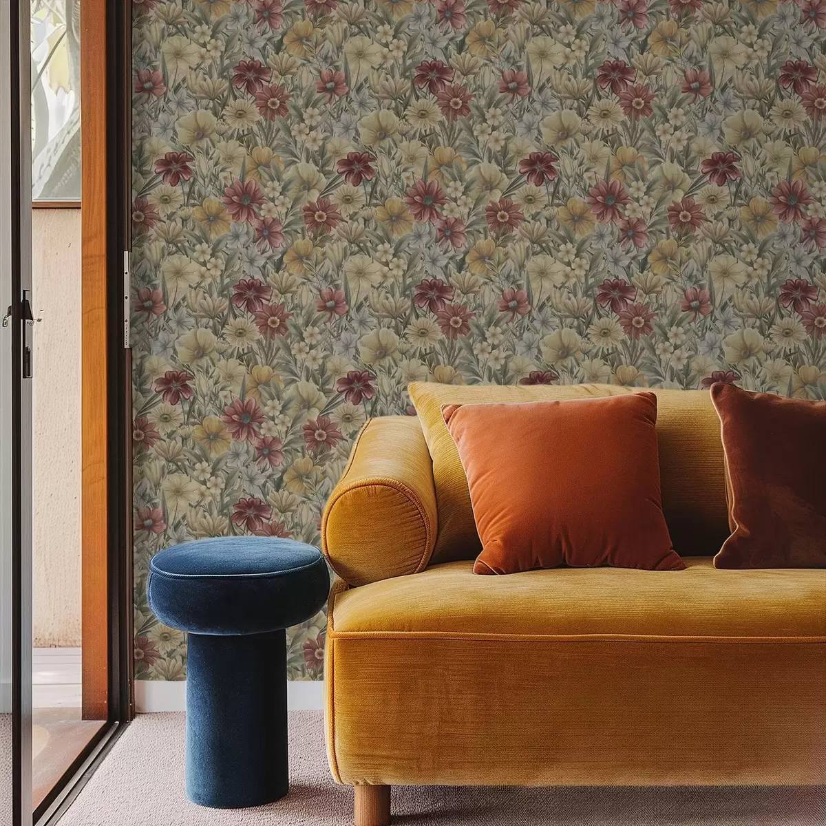 Bakgrunn Vintage engblomster i varme gule, røde og salviefarger a00906