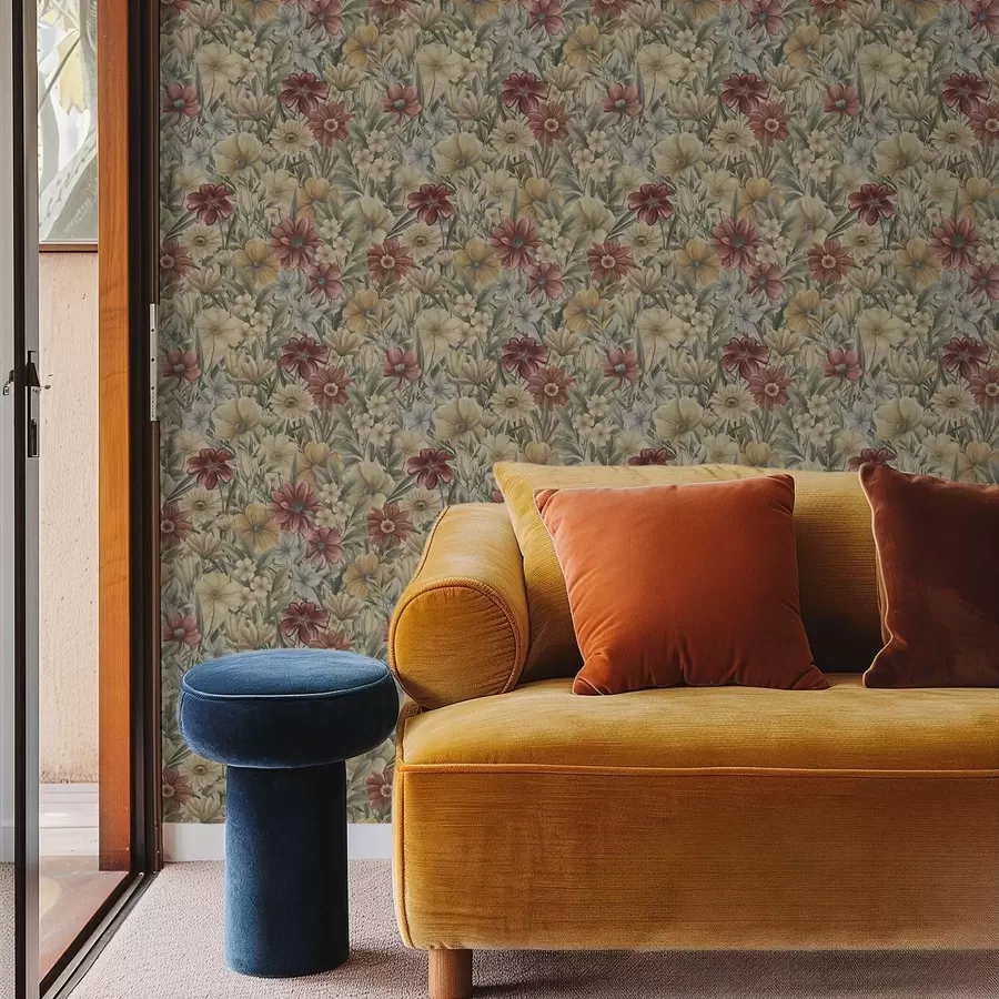 fototapeter Vintage engblomster i varme gule, røde og salviefarger a00906