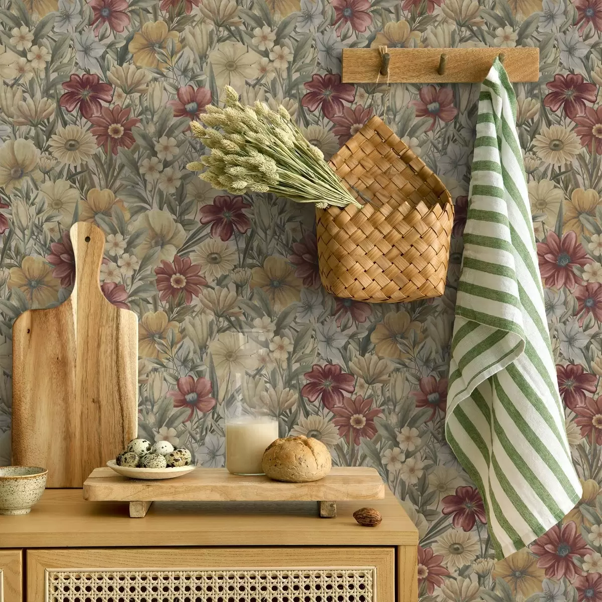 Bakgrunn Vintage engblomster i varme gule, røde og salviefarger a00906