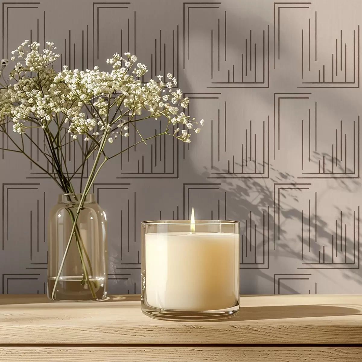 Bakgrunn Kakao-linjearbeid hjørne firkanter på varm beige a00910