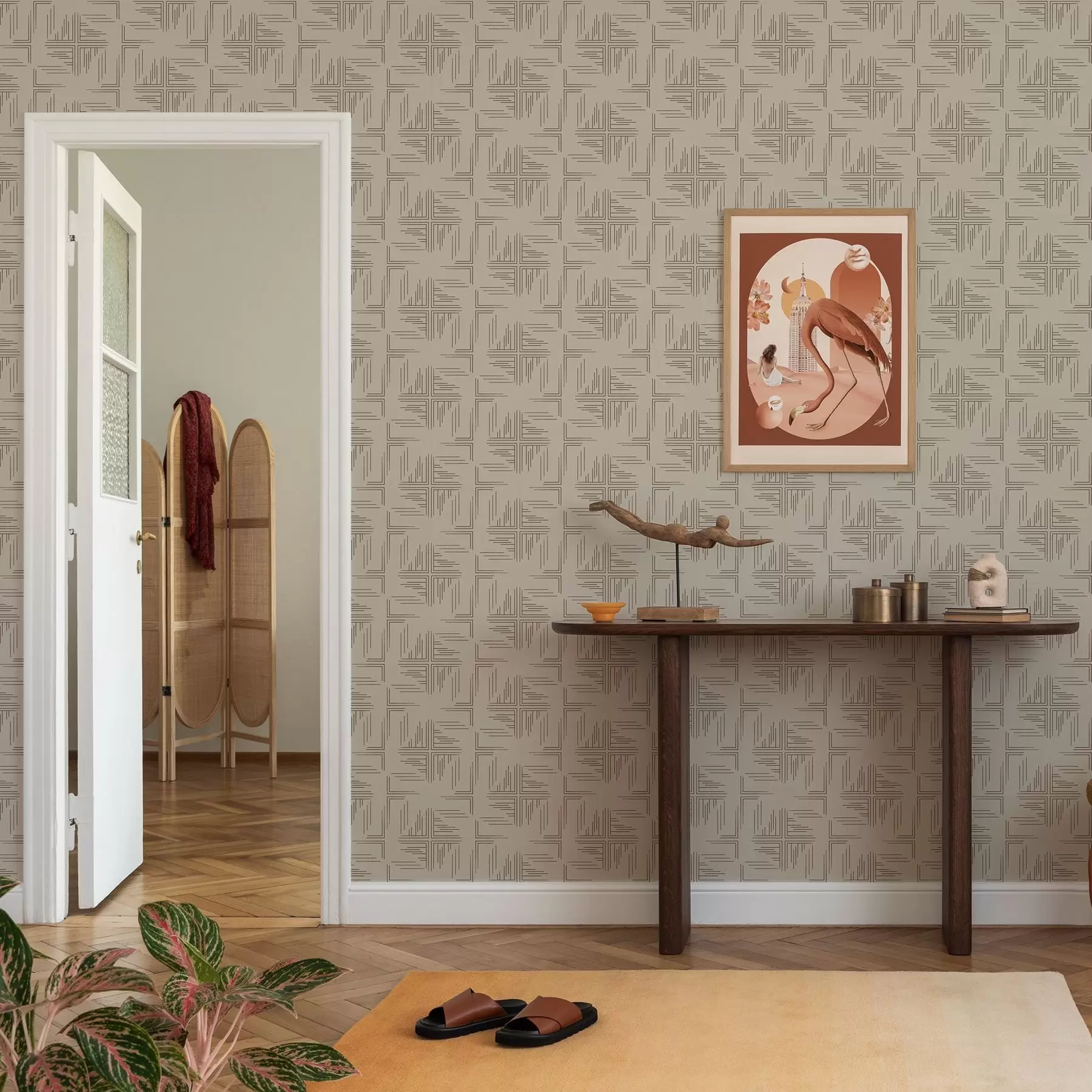 fototapeter Offset kakao hjørneblokker med spredte linjeakenter, beige a00912