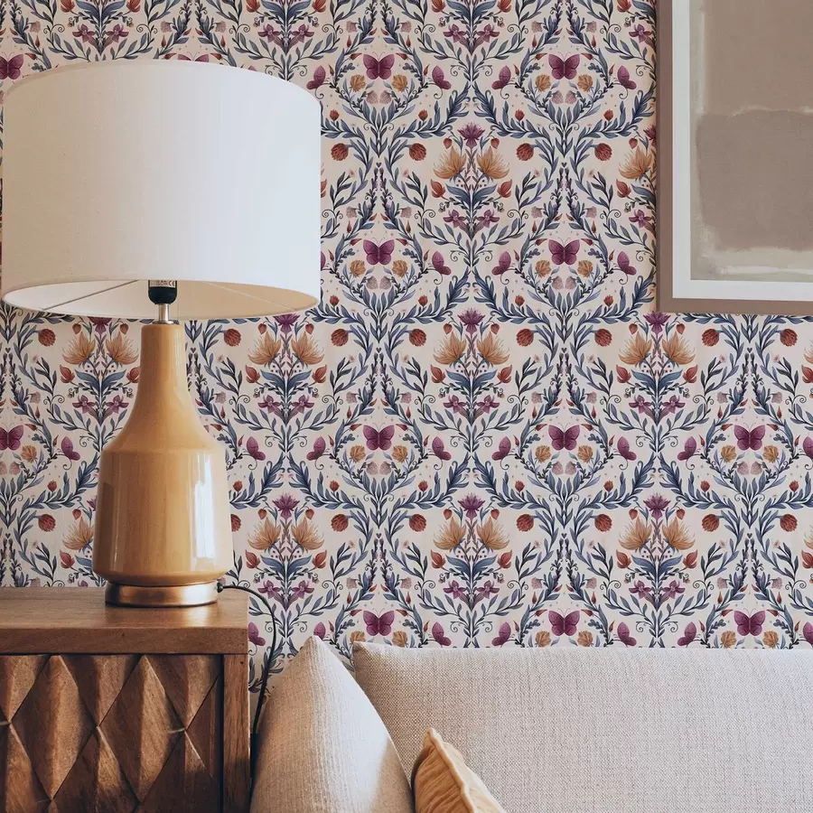 fototapeter Blomstermønster med sommerfugler på myk ferskenfarget bakgrunn a00926