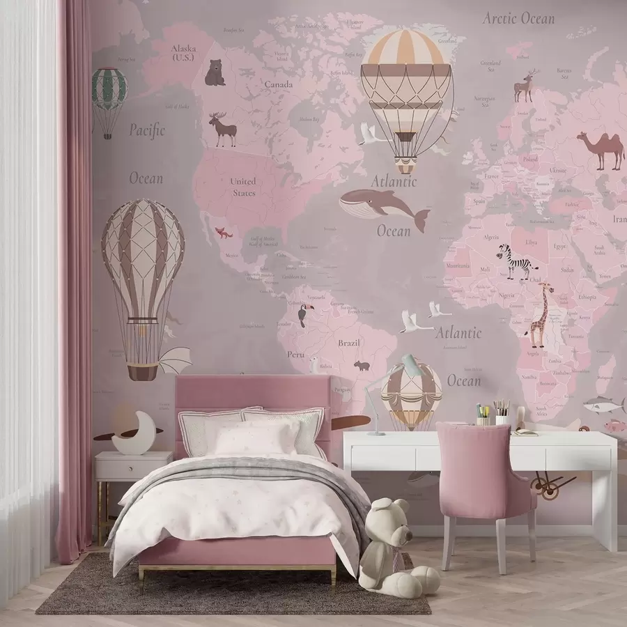 fototapeter Barnekart over verden med dyr, fly og varmluftsballonger. Engelsk språk. Rosa farge. c00003env3