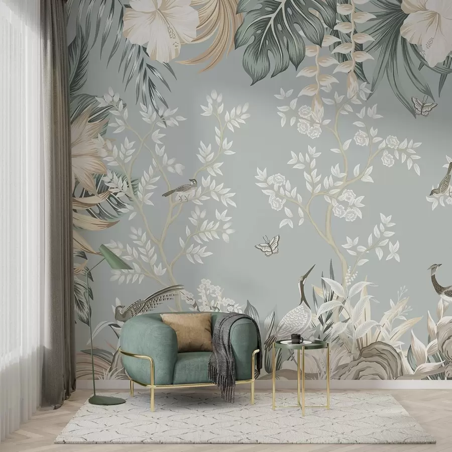 fototapeter Tropisk teksturert pastellkunst med fugler, sommerfugler, hibiskusblomster, palmeblader og trær på en lyseblå bakgrunn w09528