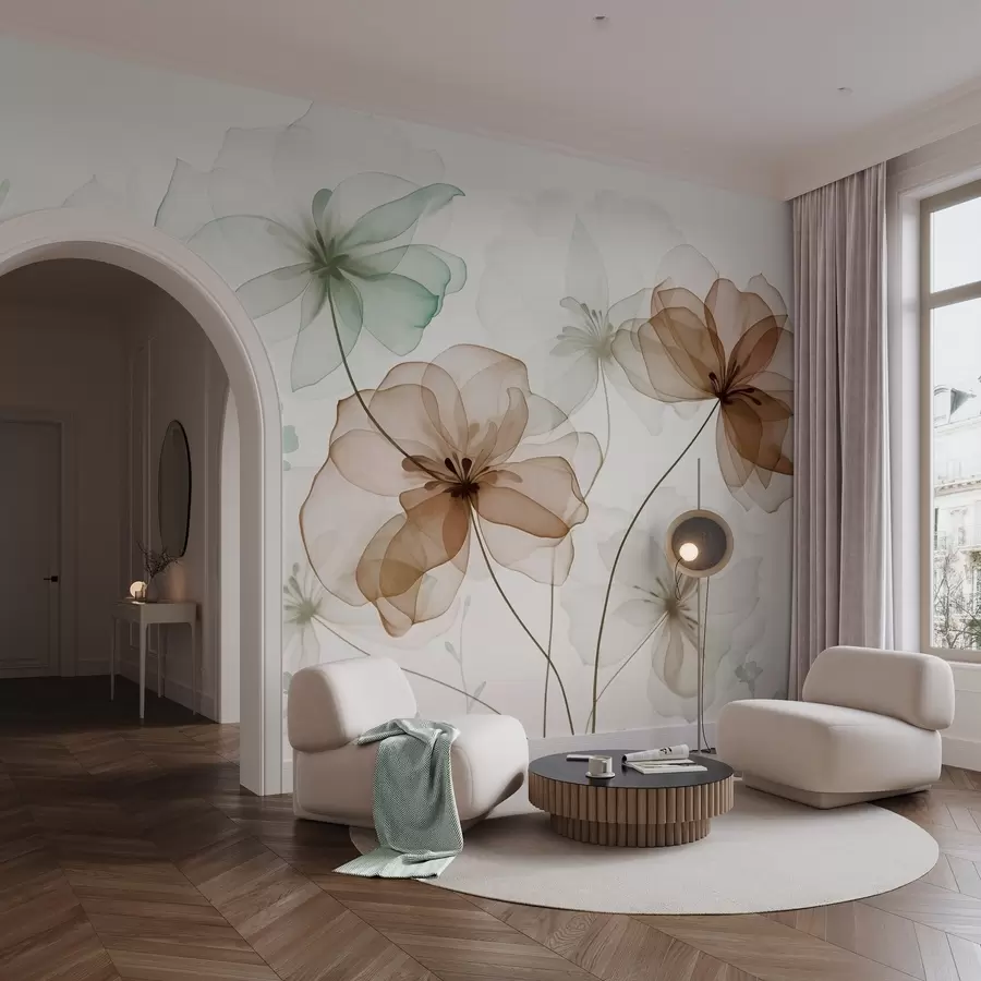 fototapeter Gjennomsiktige blomster med brune og grønne kronblader, lange stilker, lys bakgrunn, myke farger, strukturert blomstermønster w09529