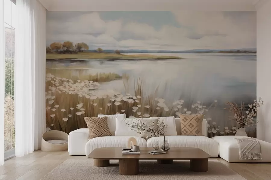 fototapeter Teksturert landskap, felt med hvite blomster og høyt gress, en innsjø i bakgrunnen, en gresskledd ås med trær, myke farger w09530