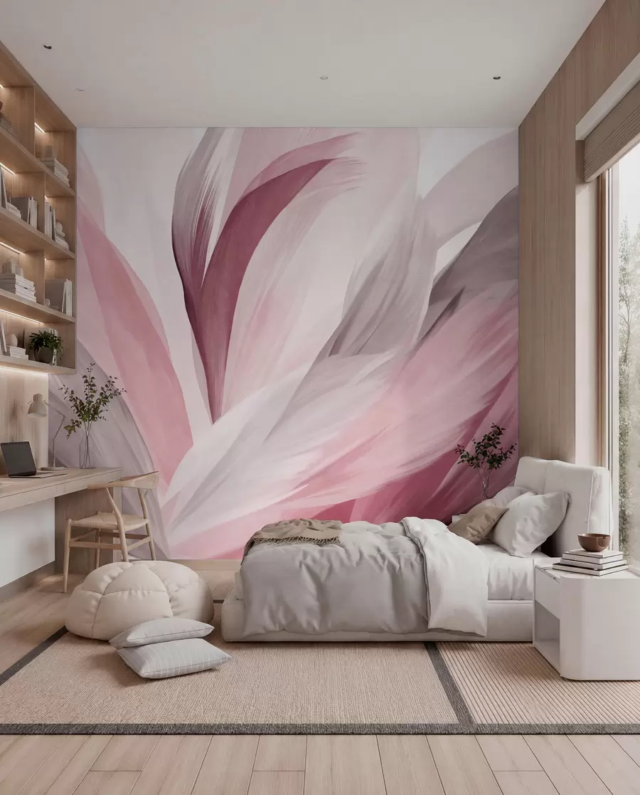 fototapeter Abstrakte teksturerte fjær i rosa, hvitt og grått og ulike nyanser, overlappende på hvit bakgrunn w09531v2