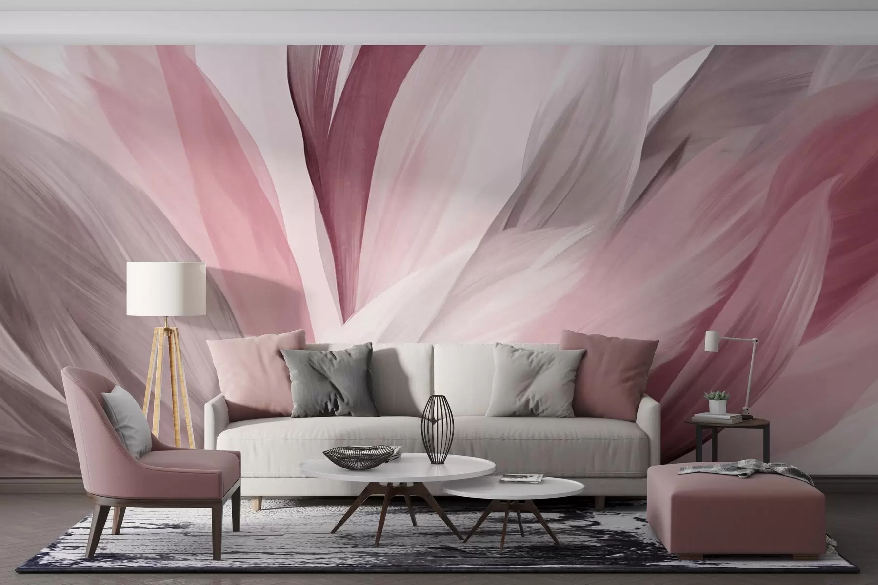 fototapeter Abstrakte teksturerte fjær i rosa, hvitt og grått og ulike nyanser, overlappende på hvit bakgrunn w09531v2