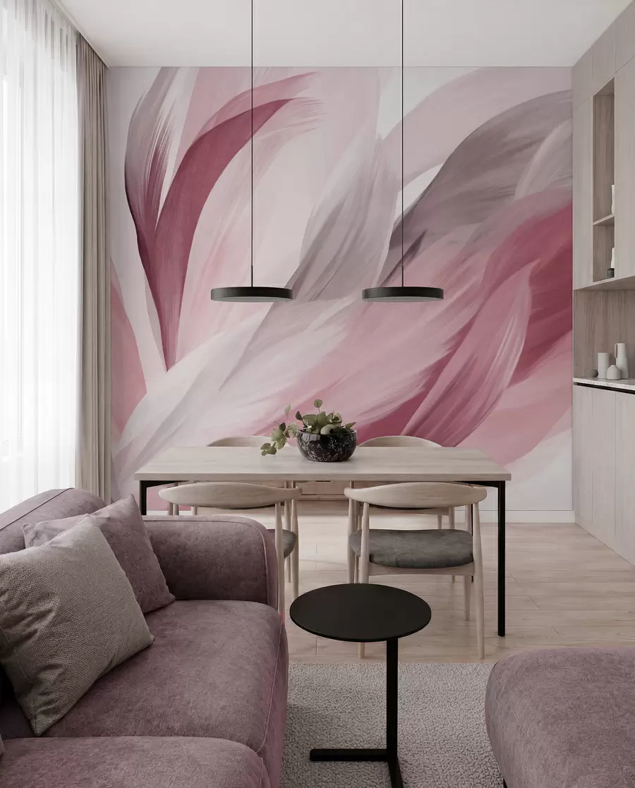 fototapeter Abstrakte teksturerte fjær i rosa, hvitt og grått og ulike nyanser, overlappende på hvit bakgrunn w09531v2