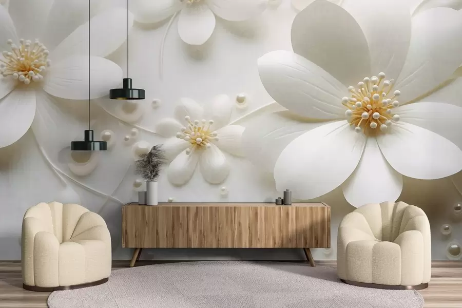 fototapeter Hvite blomster med perler spredt på hvit bakgrunn, elegant og minimalistisk design, strukturert w09535