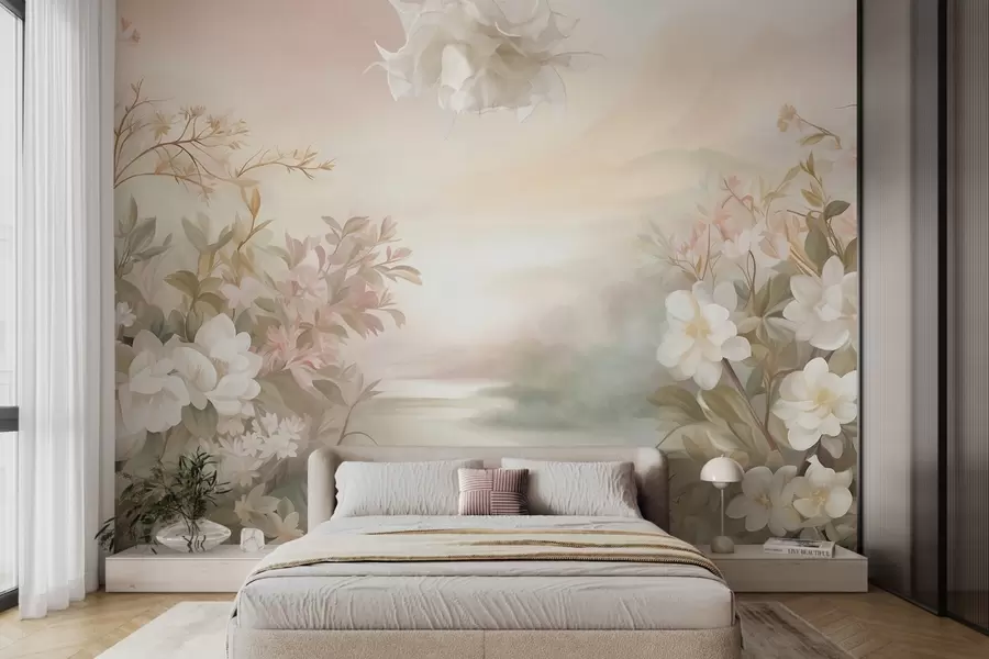 fototapeter Et landskap med en elv omgitt av blomster og planter, myke farger, rosa himmel, akvarellteksturert stil w09537