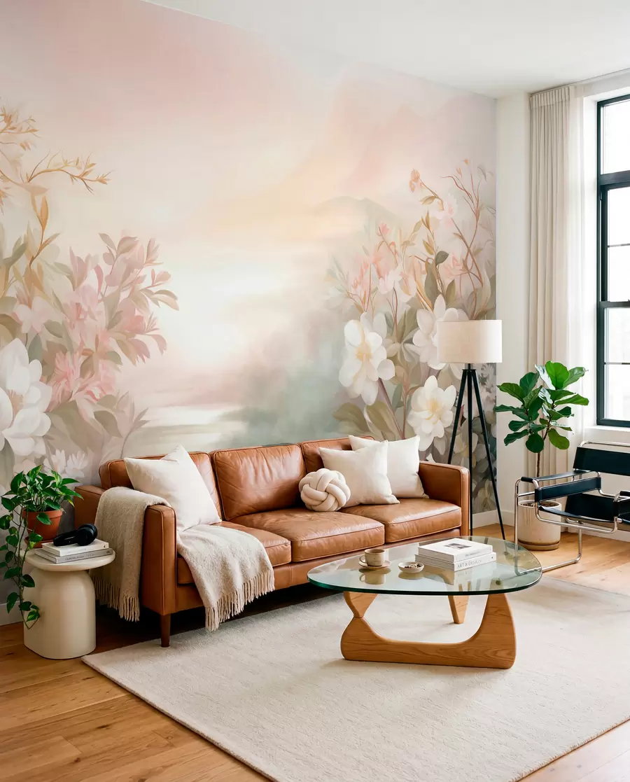 fototapeter Et landskap med en elv omgitt av blomster og planter, myke farger, rosa himmel, akvarellteksturert stil w09537