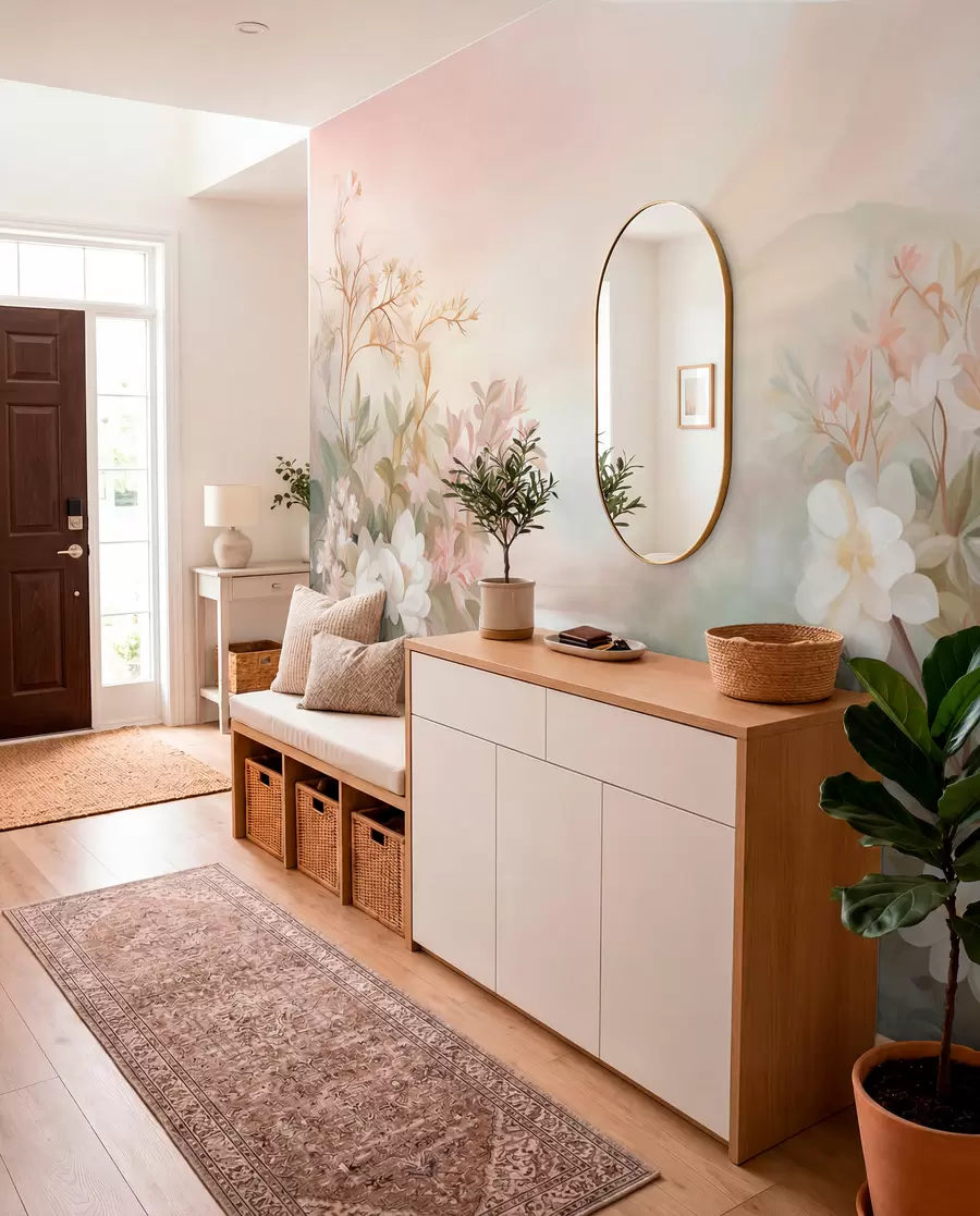 fototapeter Et landskap med en elv omgitt av blomster og planter, myke farger, rosa himmel, akvarellteksturert stil w09537