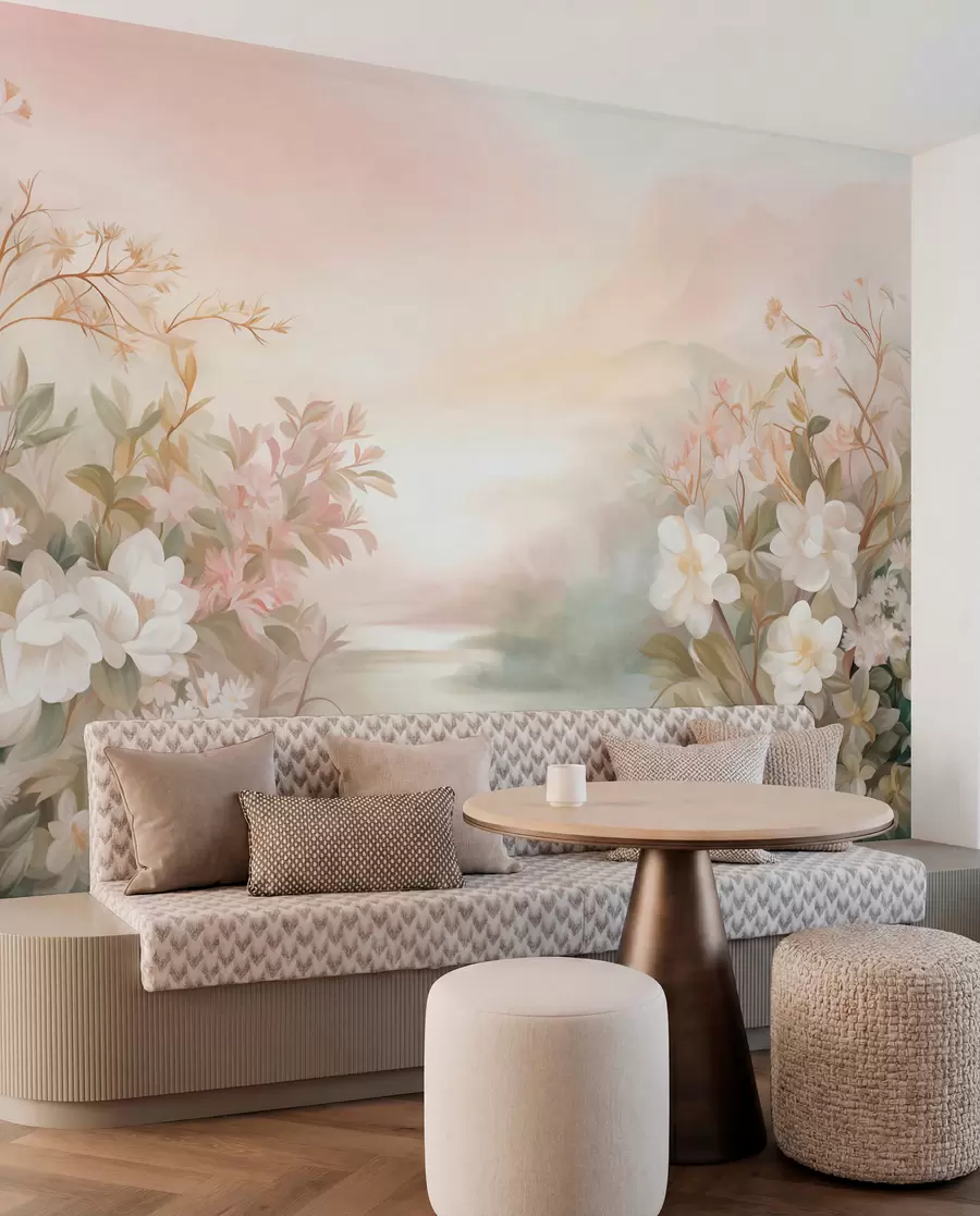 fototapeter Et landskap med en elv omgitt av blomster og planter, myke farger, rosa himmel, akvarellteksturert stil w09537