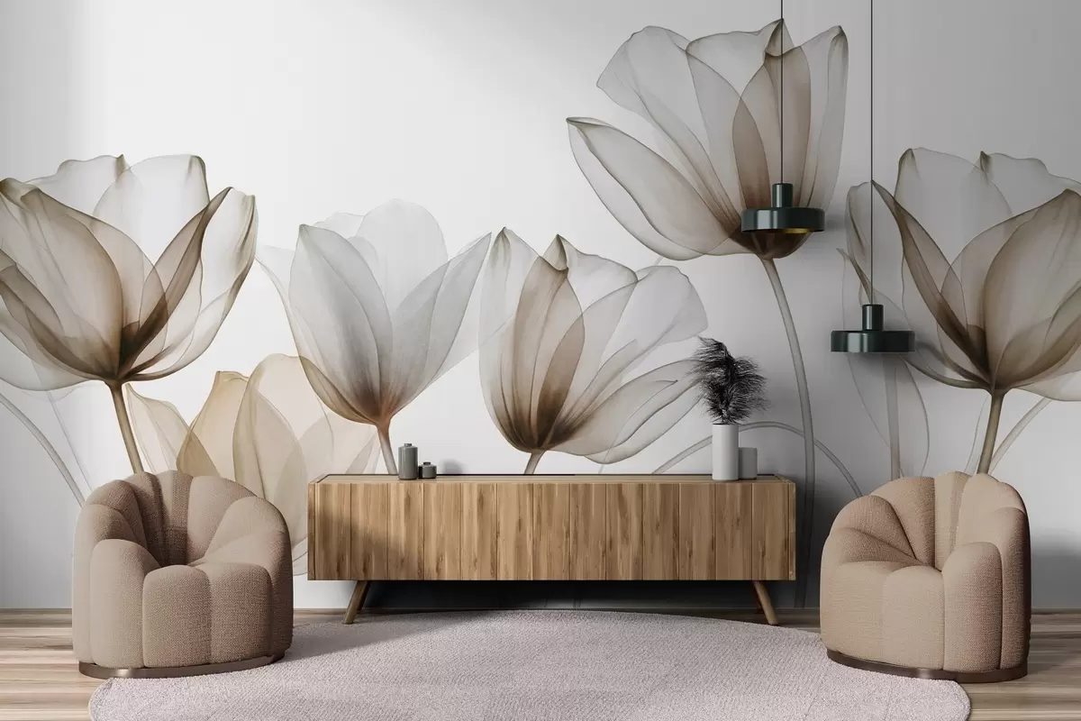 fototapeter Gjennomsiktige brune og hvite tulipanblomster med lange stilker, mot lys bakgrunn, delikat og strukturert blomsterkunst w09538v1