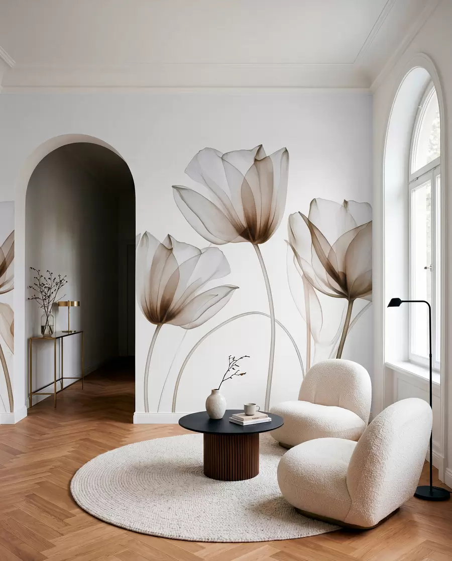 fototapeter Gjennomsiktige brune og hvite tulipanblomster med lange stilker, mot lys bakgrunn, delikat og strukturert blomsterkunst w09538v1