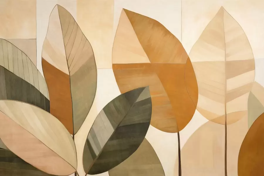 fototapeter Abstrakte store blader i nyanser av oransje, brunt og grønt, strukturert, arrangert mot en lys bakgrunn w09539