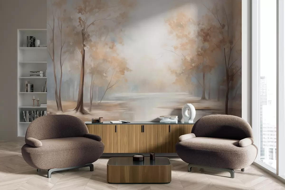 fototapeter Høstlig landskap med trær og en elv, myke farger, lys og luftig atmosfære, fredelig og rolig scene w09541