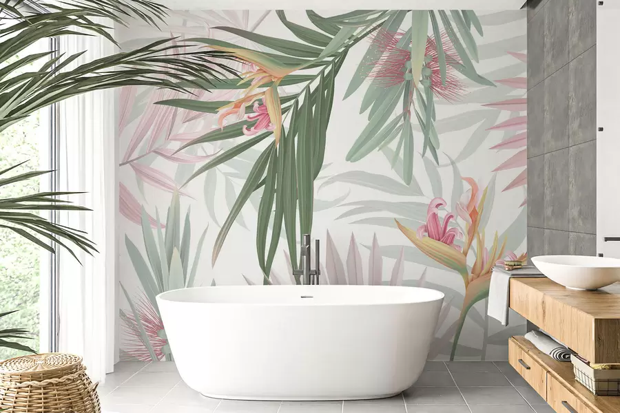 fototapeter Strelitzia i palmebladverk w04896v2